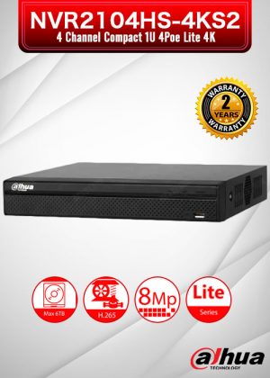 Dahua 4 Channel Compact 1U 4PoE Lite 4K H.265 Network Video Recorder / NVR2104HS-4KS2